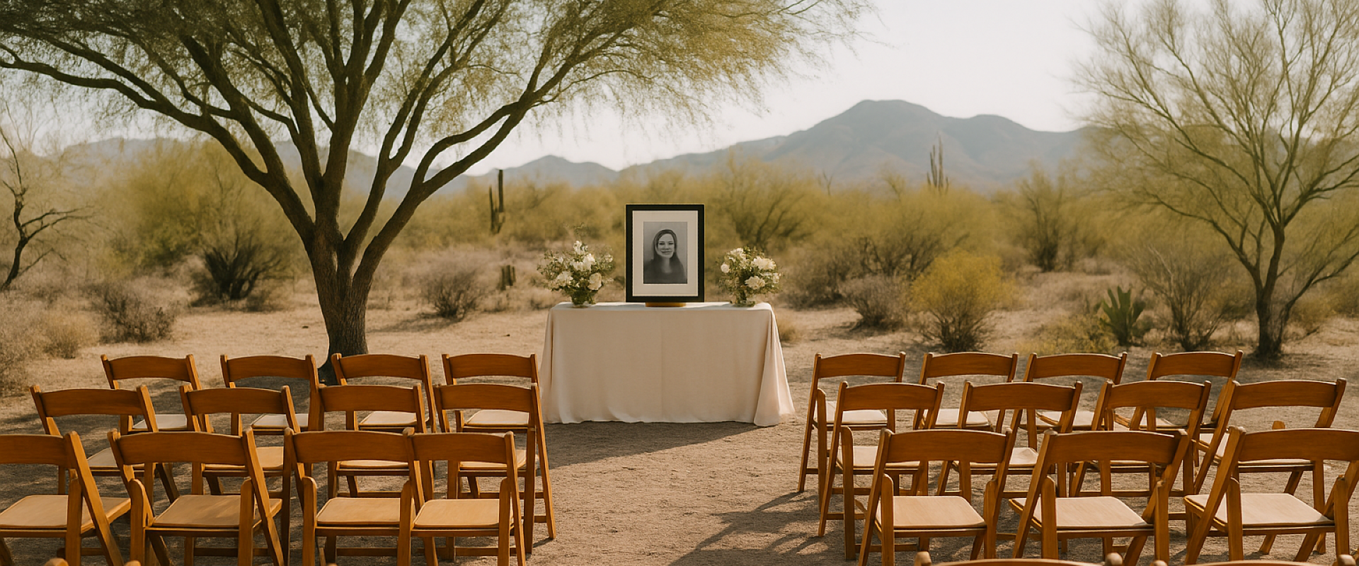Outdoor memorial service setup in Arizona with wooden chairs under desert trees