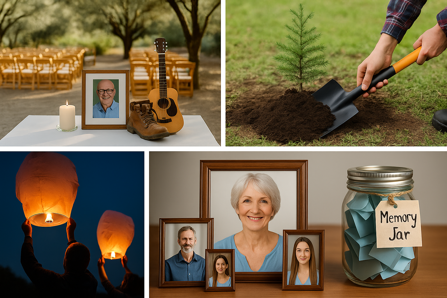 Three symbolic memorial ideas: sky lanterns floating at dusk, a memory jar filled with notes, and a young tree being planted — simple ways Arizona families honor loved ones