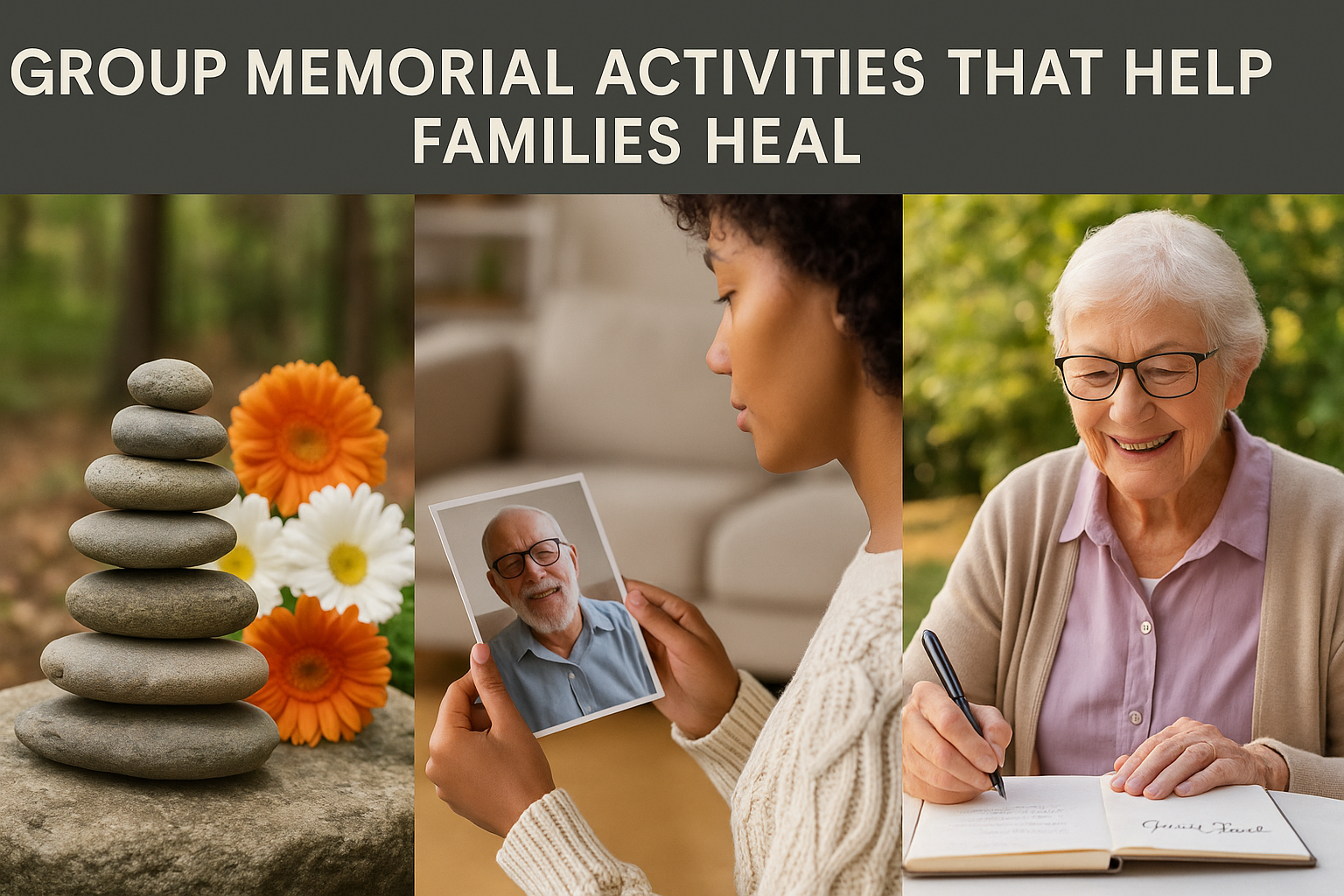 A collage of three memorial scenes: a stone cairn with fresh daisies, a woman reflecting on a photo of a loved one, and an elderly woman writing in a guestbook outdoors. Each panel illustrates group memorial activities that support healing after cremation in Arizona.