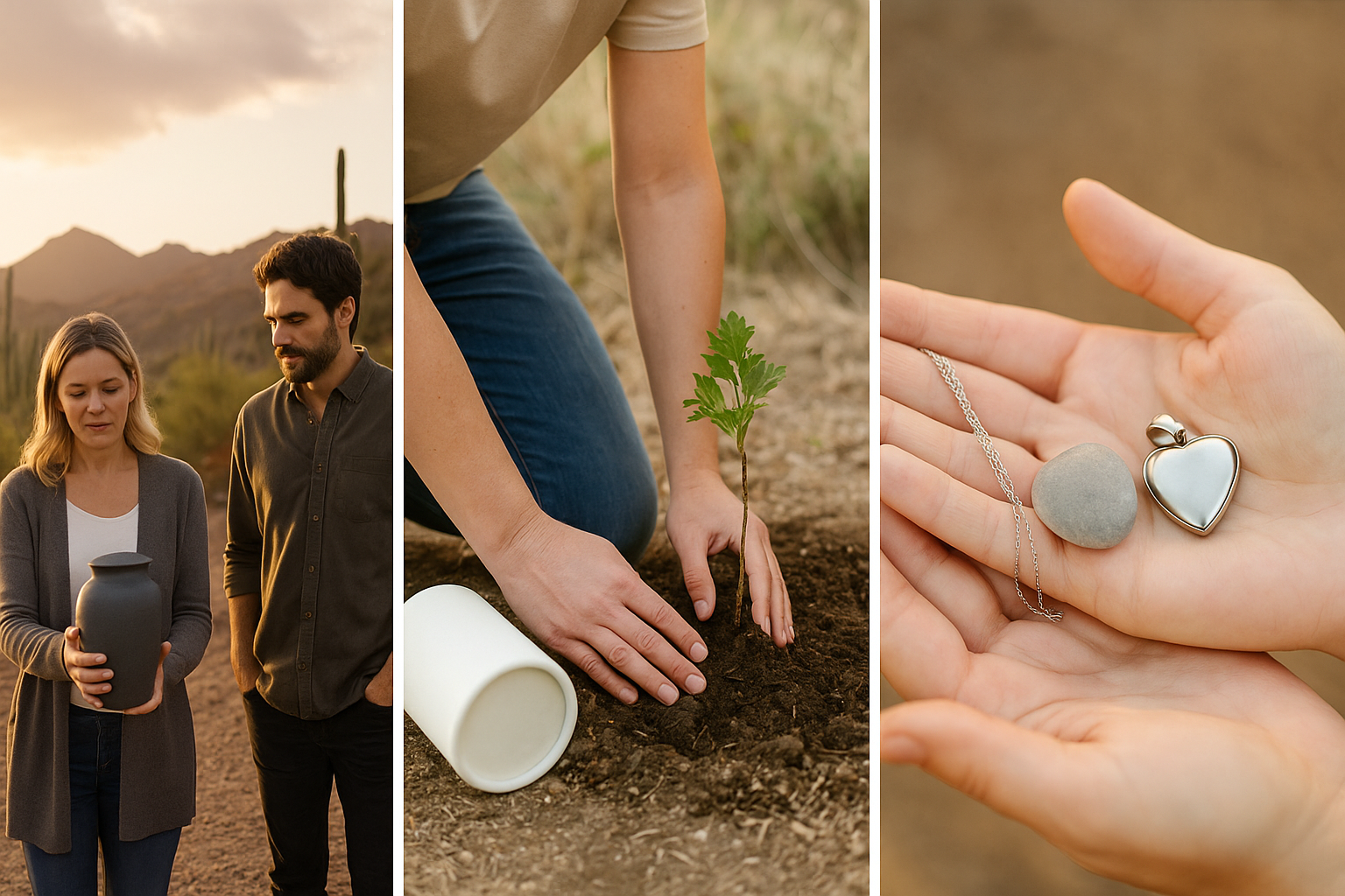 Person holding a biodegradable urn overlooking an Arizona desert at sunset, symbolizing ash scattering